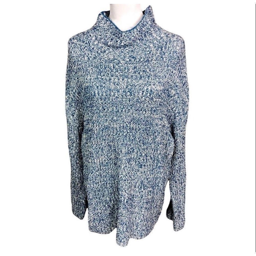 Caslon Sweater Tunic Shaker Funnel Neck Blue Ivory Knit Bell Sleeves Small